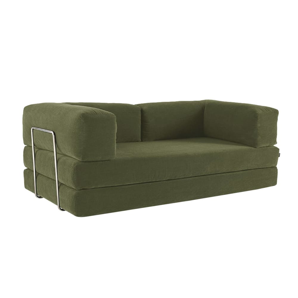 Canapé vintage convertible 3 places velours côtelé kaki et armatures