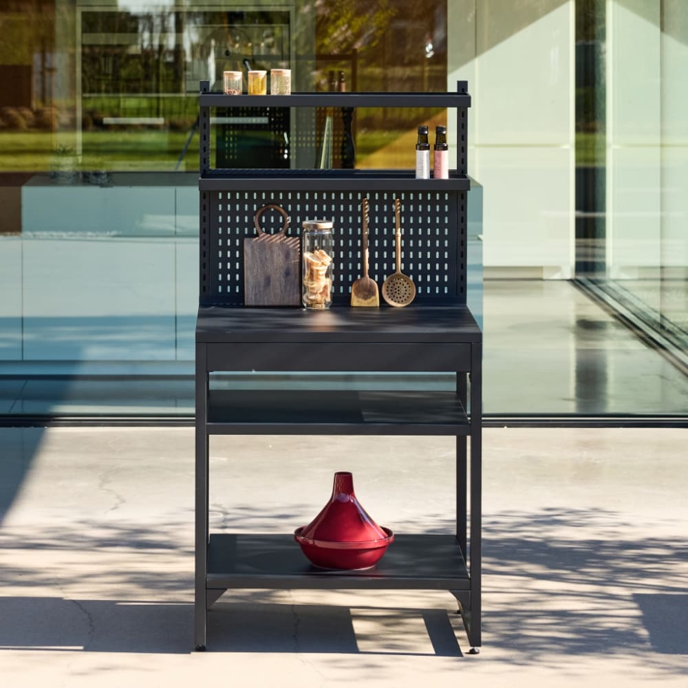 Cuisine extérieure acier rangement et support mural l80cm noir