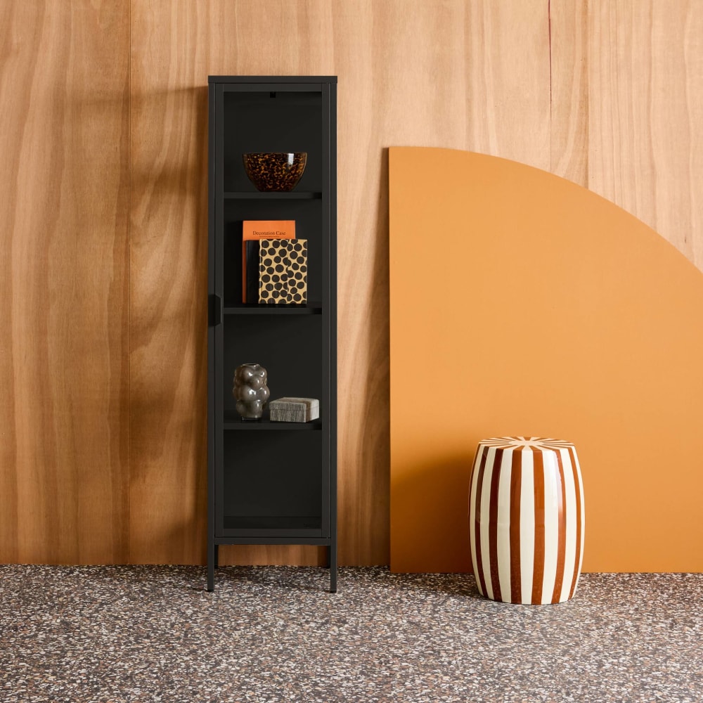 Buffet, vaisselier acier et verre trempé 1 porte 160cm noir