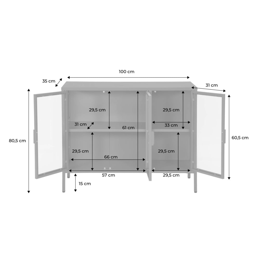 Buffet industriel métal et verre trempé 3 portes 100cm noir