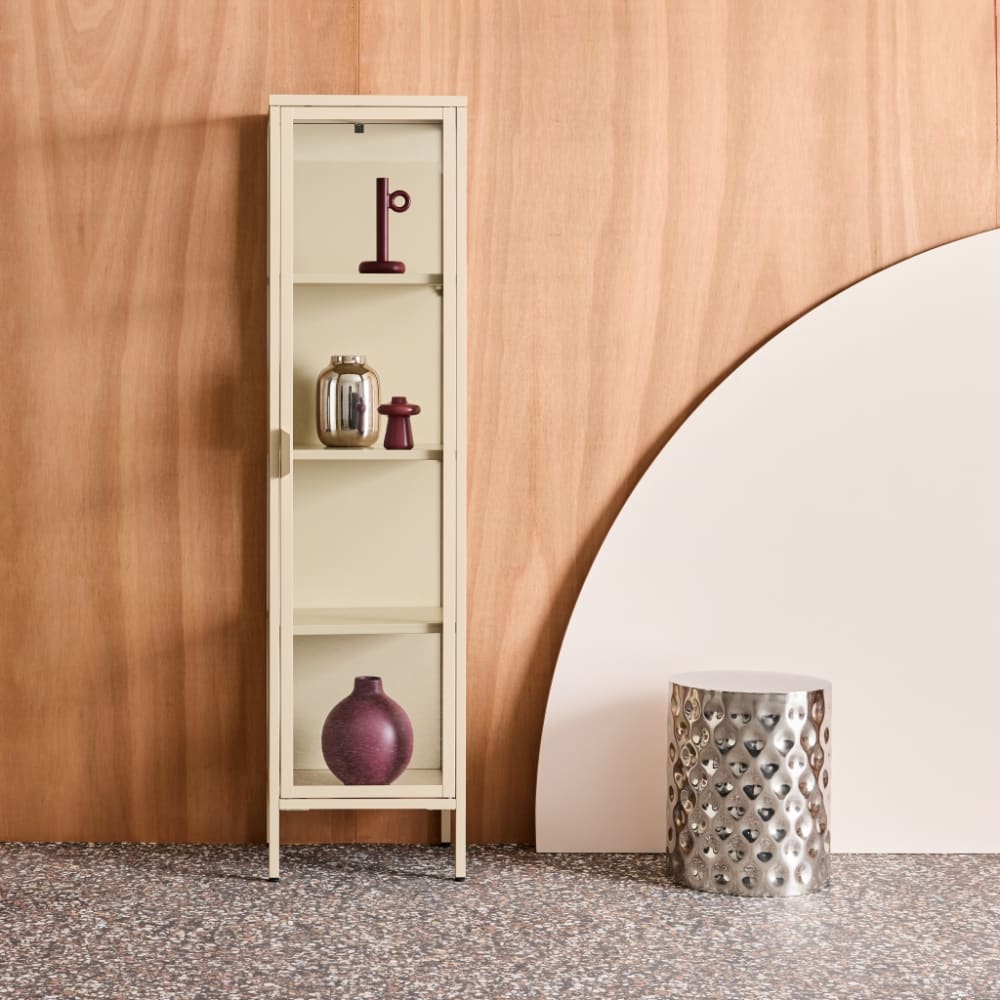 sweeek Schrank aus Stahl und Glas, 1 Tür, 160 cm, beige style industrial - Stahl
