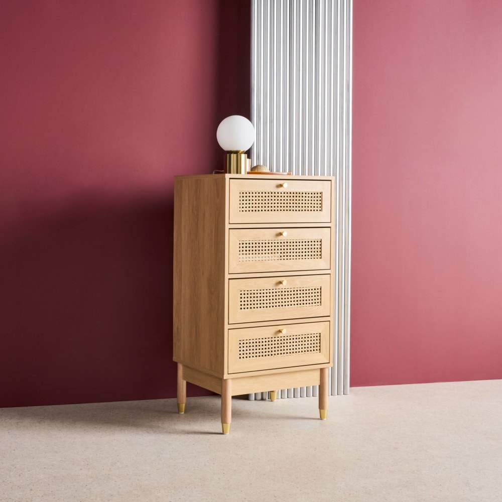 Commode chiffonnier décor bois et cannage 4 tiroirs teinte naturelle