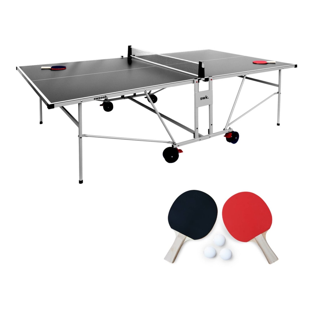 sweeek Outdoor Tischtennisplatte grau, Schläger und Bälle Stahl Kinder