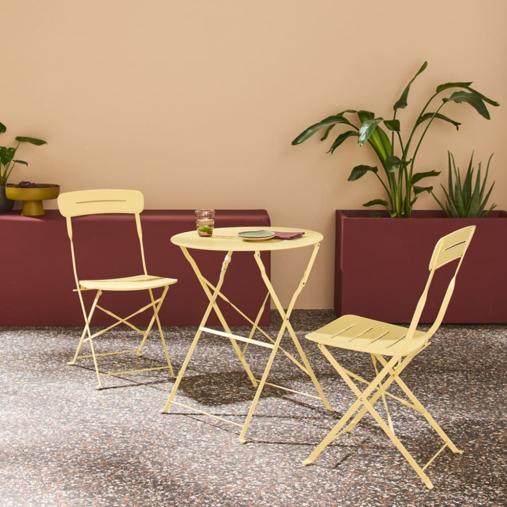 Table de jardin bistrot pliante ronde acier + 2 assises jaune
