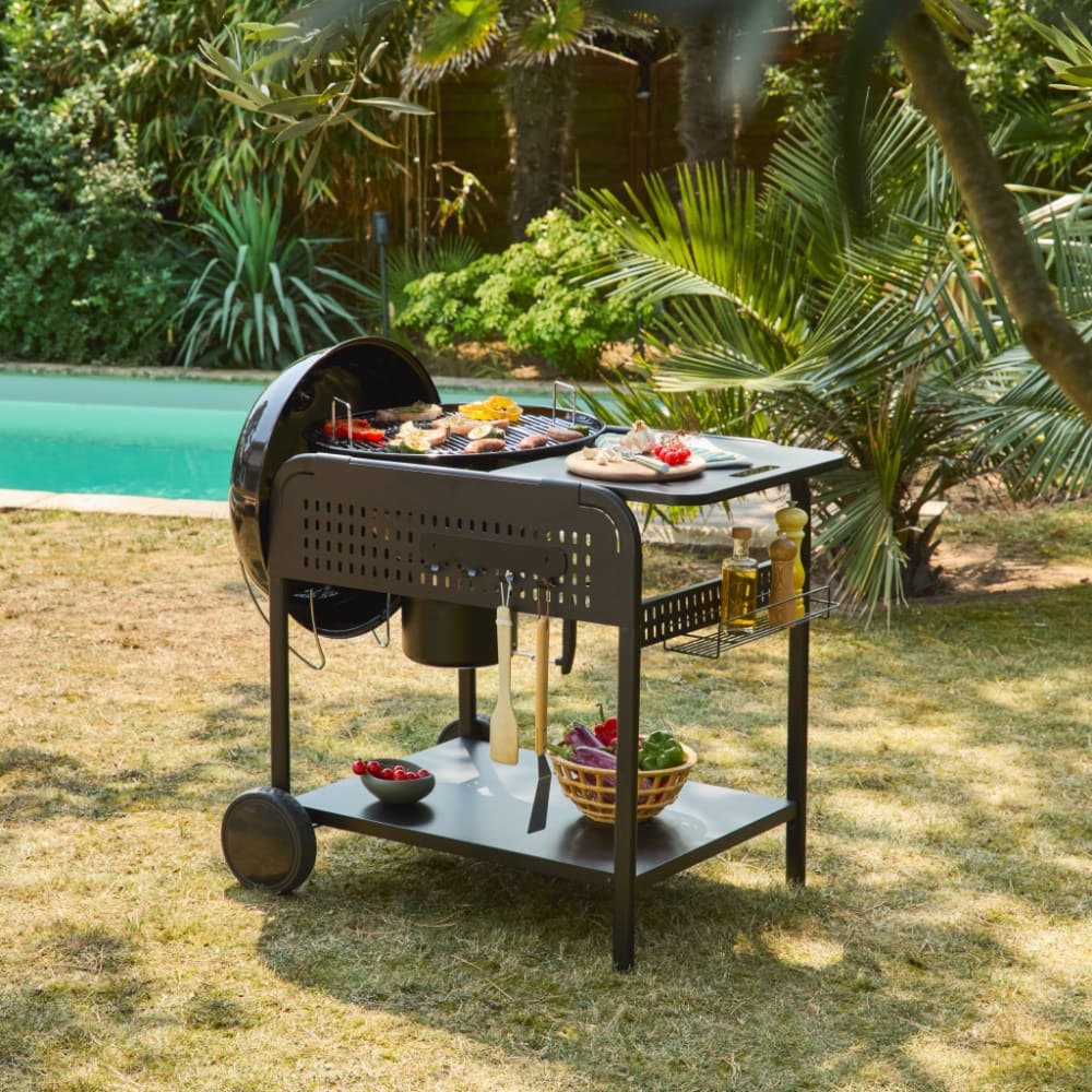 Barbecue charbon de bois acier émaillé D53cm noir avec chariot