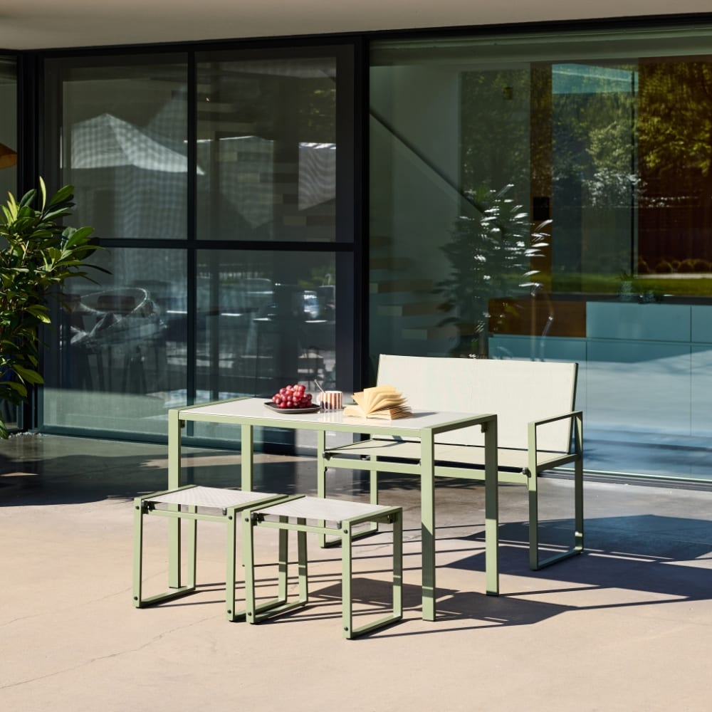 Table de jardin encastrable acier et textilène + 4 assises kaki