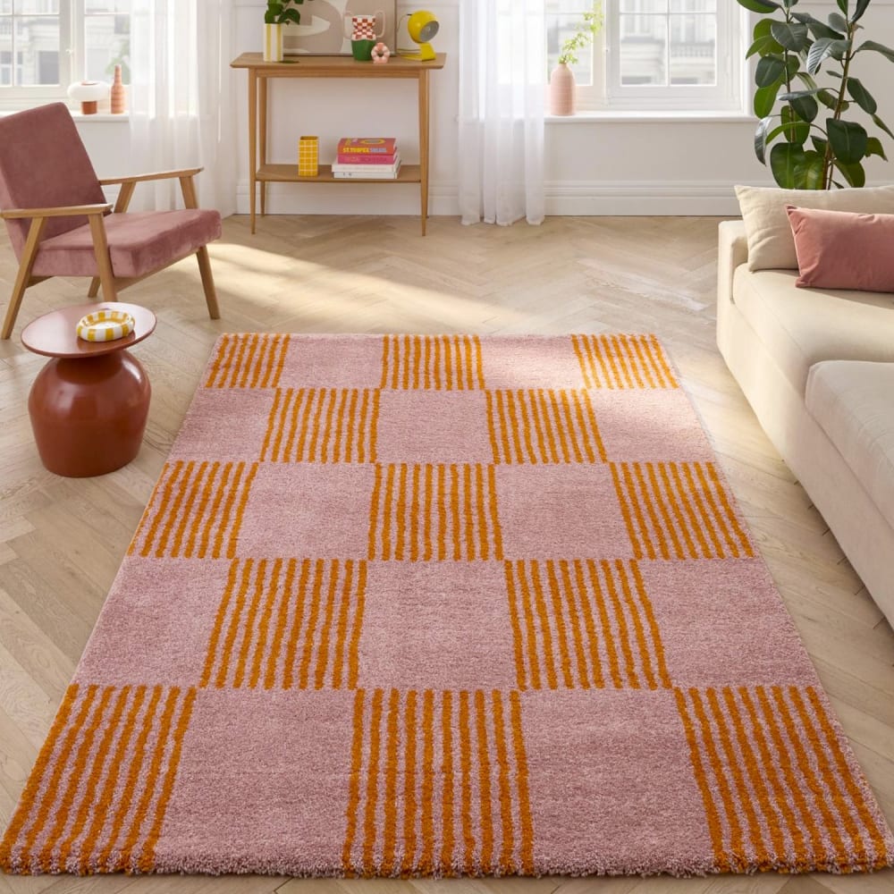 Tapis intérieur damier orange et rose 160 x 230 cm
