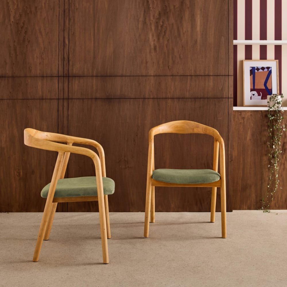 Lot de 2 fauteuils vintage hévéa naturel et velours côtelé kaki