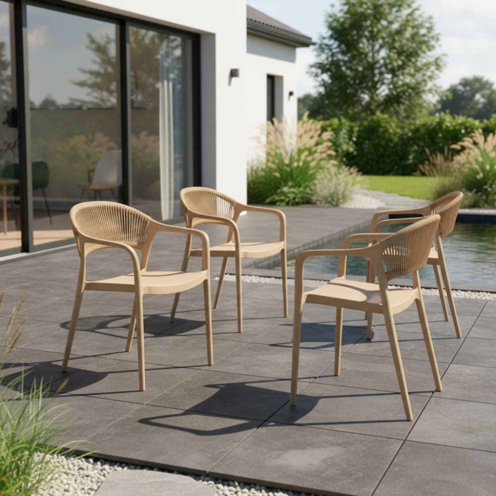 Chaise de jardin empilable avec effet corde beige (lot de 4)