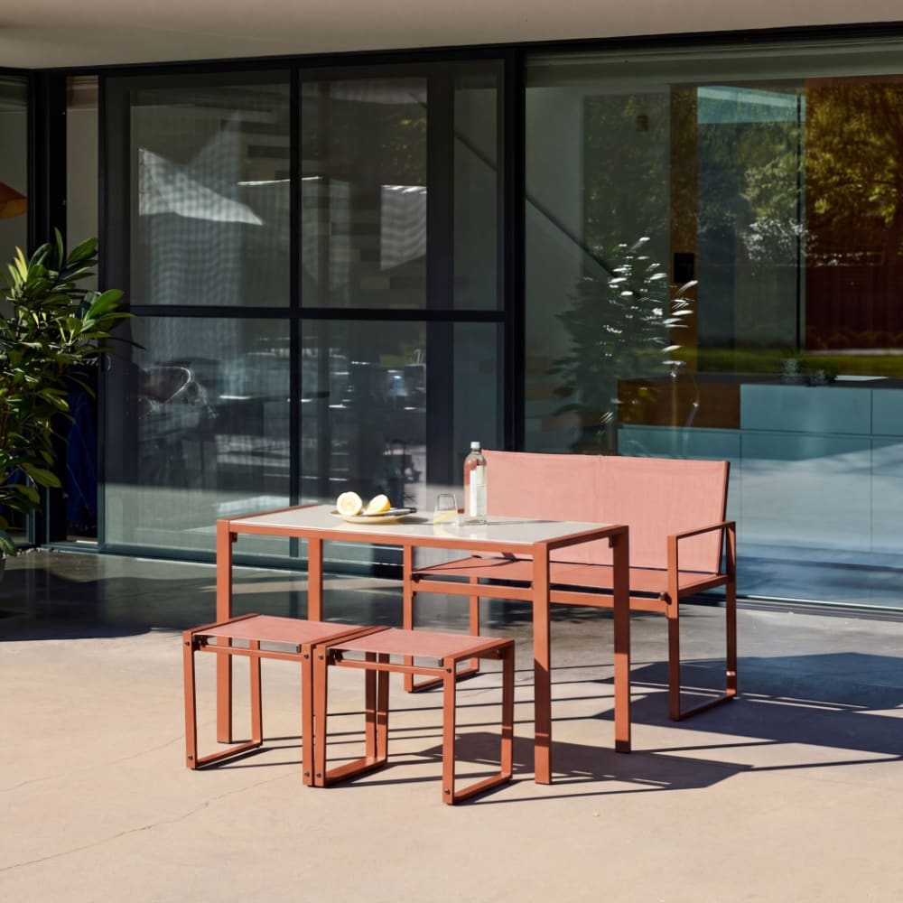 Table de jardin encastrable acier et textilène + 4 assises terracotta