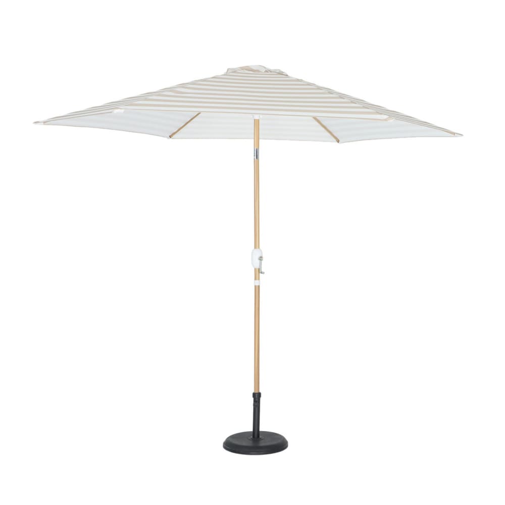 Parasol rond rayures beige 293cm mât central imitation bois