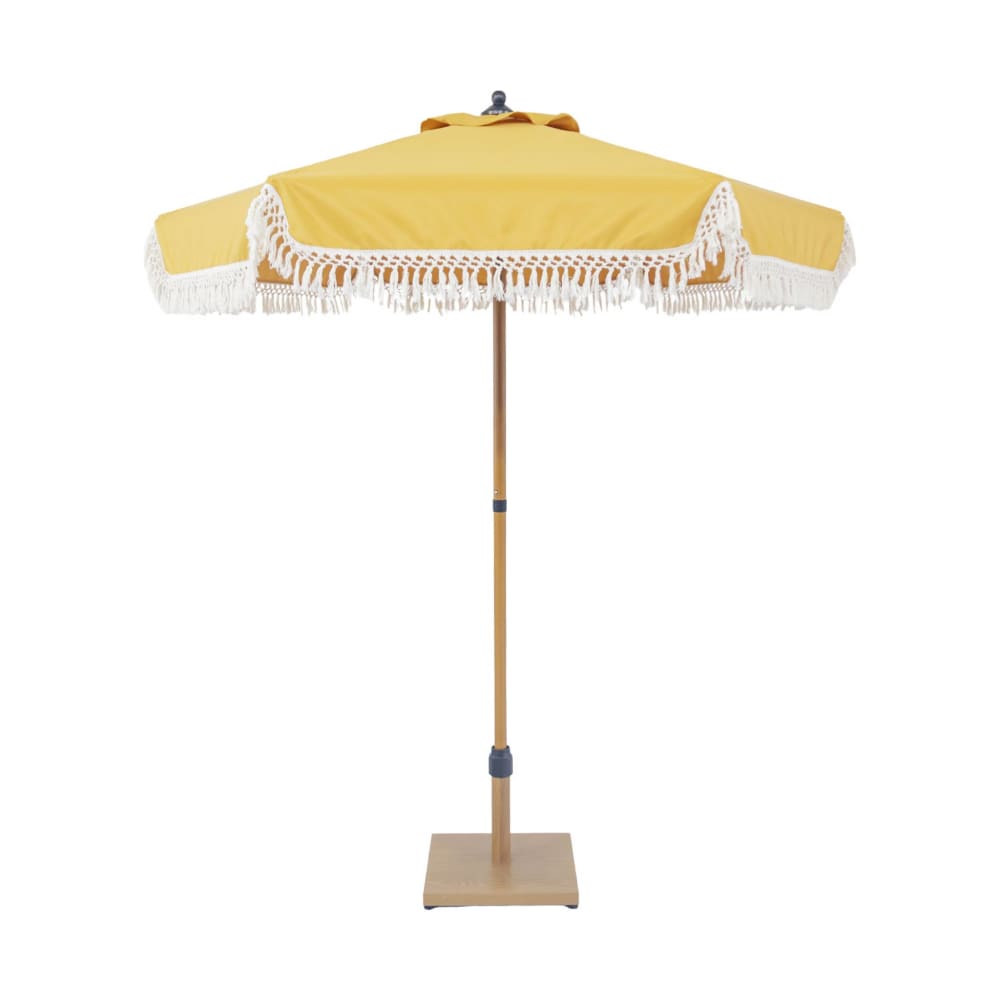 Parasol droit à franges 2m, ocre, acier, mât effet bois