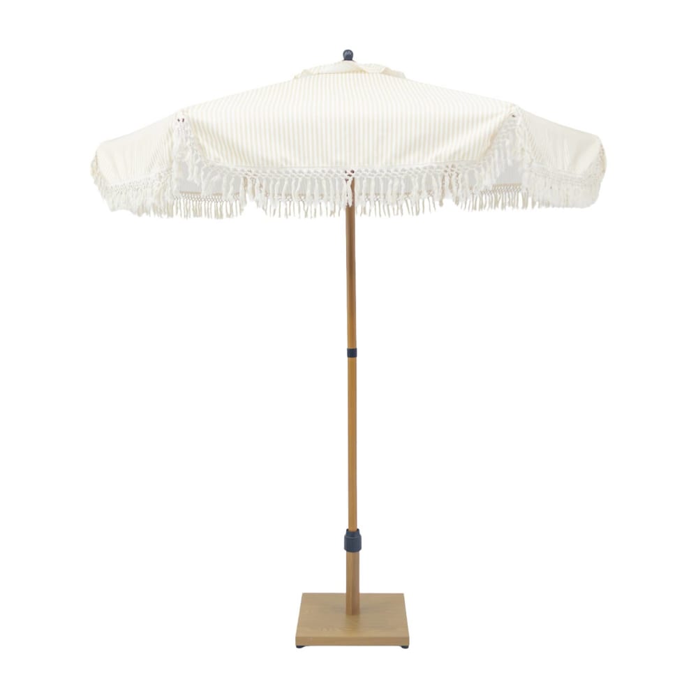 Parasol droit à franges 2m, beige et écru, acier, mât effet bois