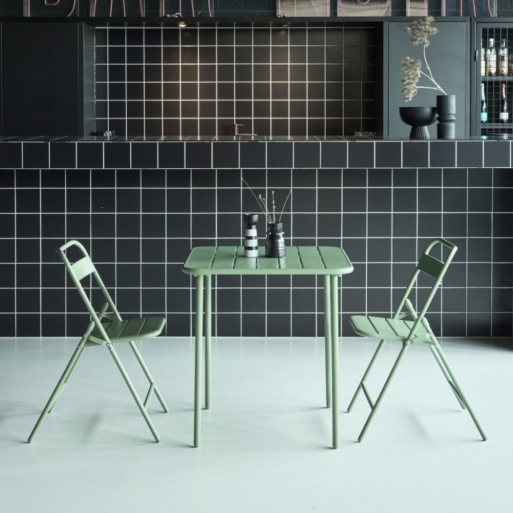 Table de jardin métal + 2 assises vert 70 x 70 cm