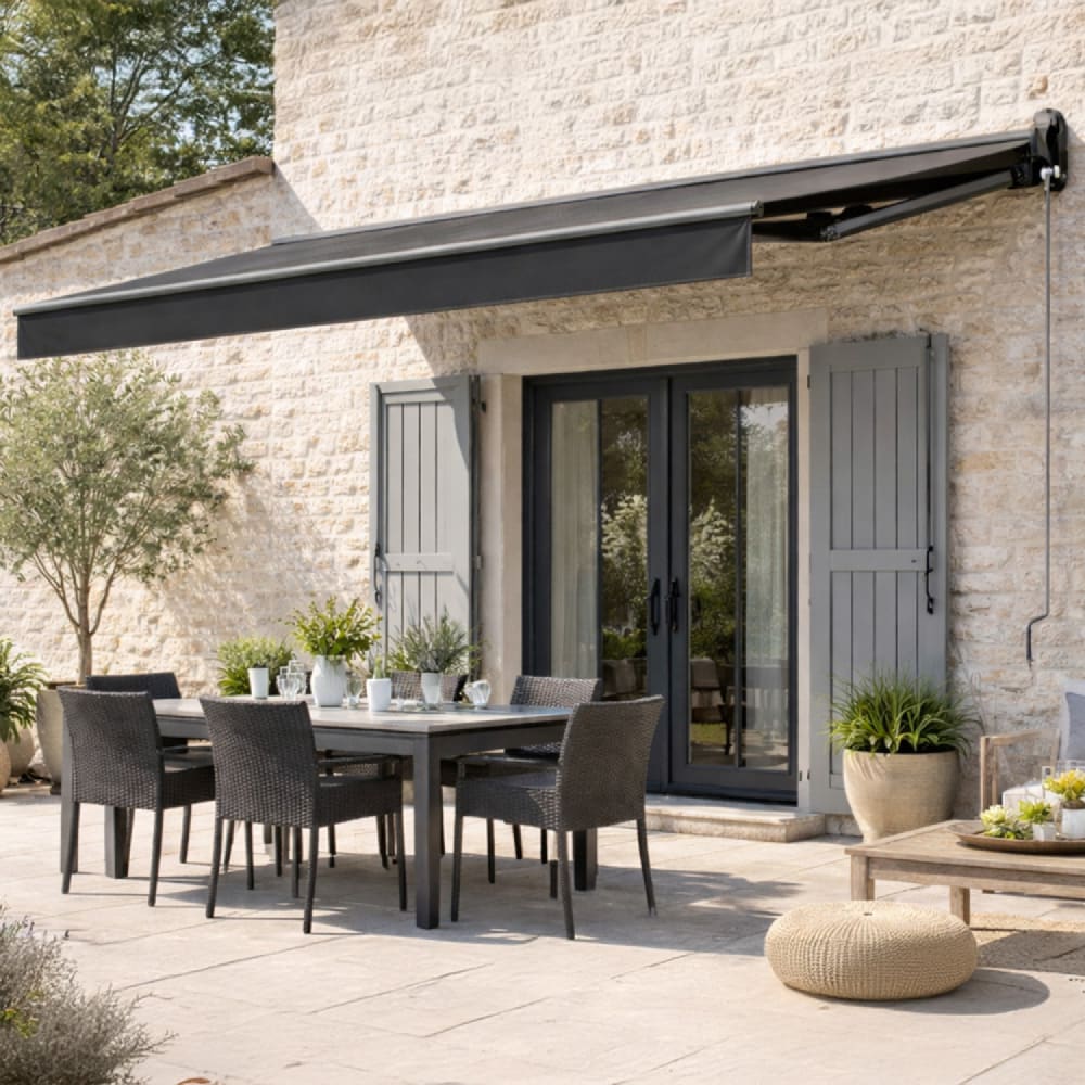 Store banne motorisé 2,95 x 2,5 m en aluminium avec toile gris