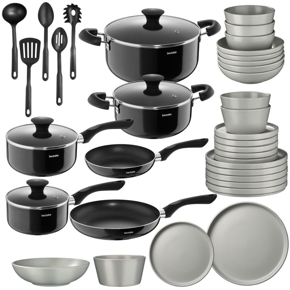 Lot de 24 pièces set de cuisine, grès, aluminium, induction, gris/noir Lot de 24 pièces set de cuisine, grès, aluminium, induction, gris/noir