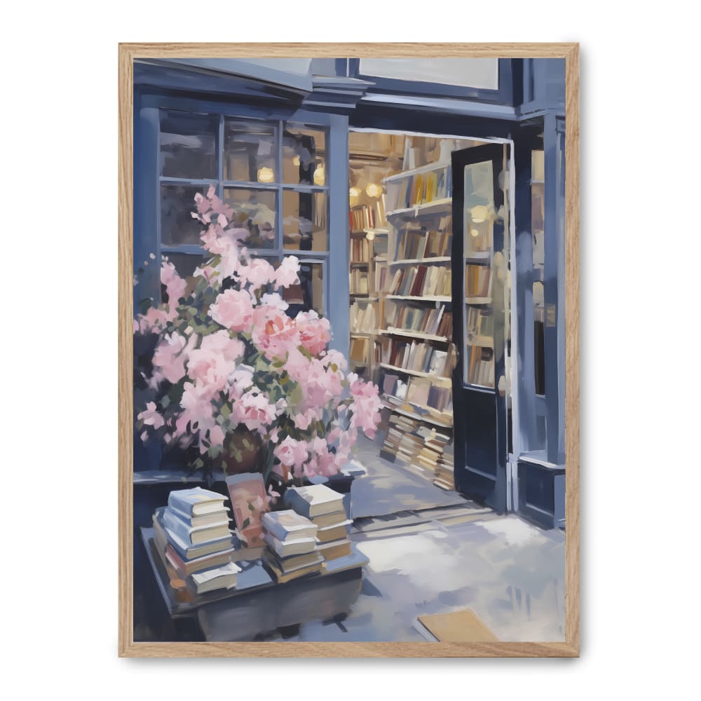 POSTER LAB Gemälde der Außenfassade einer tiefblauen Buchhandlung mit einem Stapel antiker Bücher und einem üppigen Strauß rosa Rosen am Eingang.