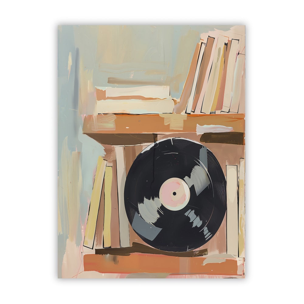 POSTER LAB Gemälde eines abstrakten Stilllebens mit Vintage-Inspiration, das Bücher mit einer großen Schallplatte in Erdtönen, Hellblau und Zartrosa