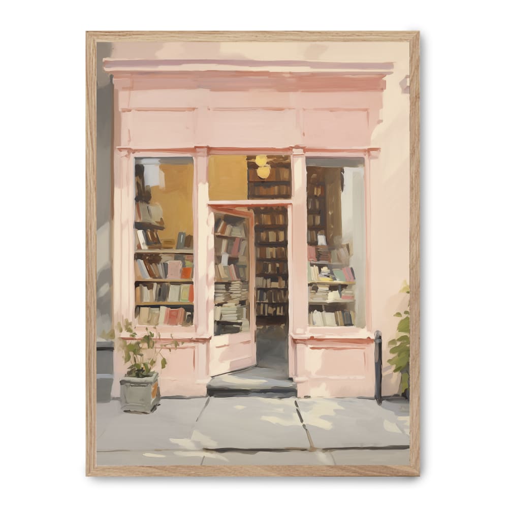 POSTER LAB Gemälde einer Ladenfassade in Pastellrosa mit offenen Türen, die ein gemütliches Interieur voller Regale und Bücher freigeben. Mehrfarbig