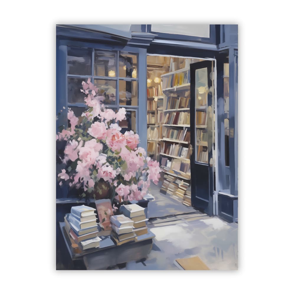 POSTER LAB Gemälde der Außenfassade einer tiefblauen Buchhandlung mit einem Stapel antiker Bücher und einem üppigen Strauß rosa Rosen am Eingang.