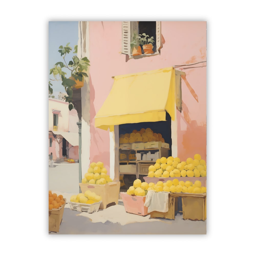 POSTER LAB Gemälde einer charmanten italienischen Szene: ein Zitronenladen mit gelber Markise vor einer leuchtend rosa Wand, erfüllt von sommerlichem