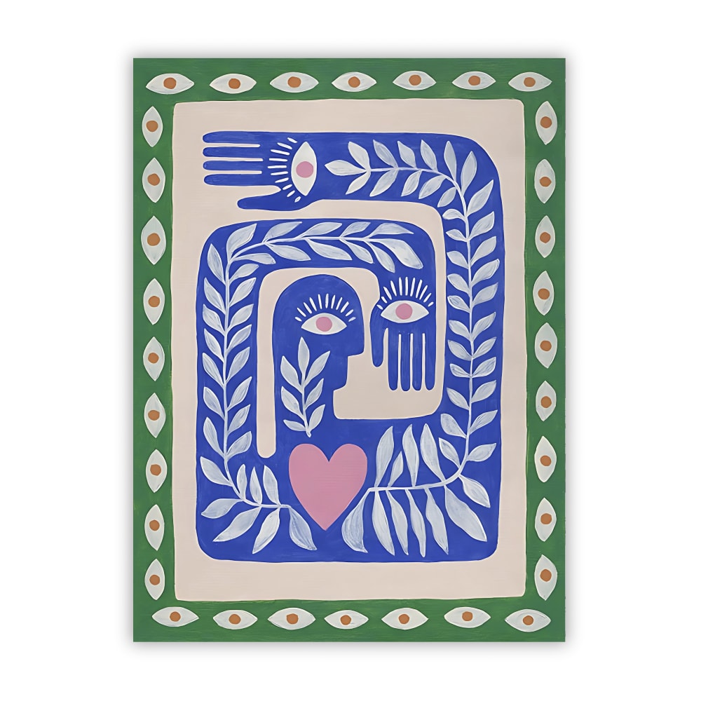 POSTER LAB Illustration im folkloristischen und surrealen Stil in Blau und Rosa mit stilisierten Blättern, schützenden Händen und einem großen