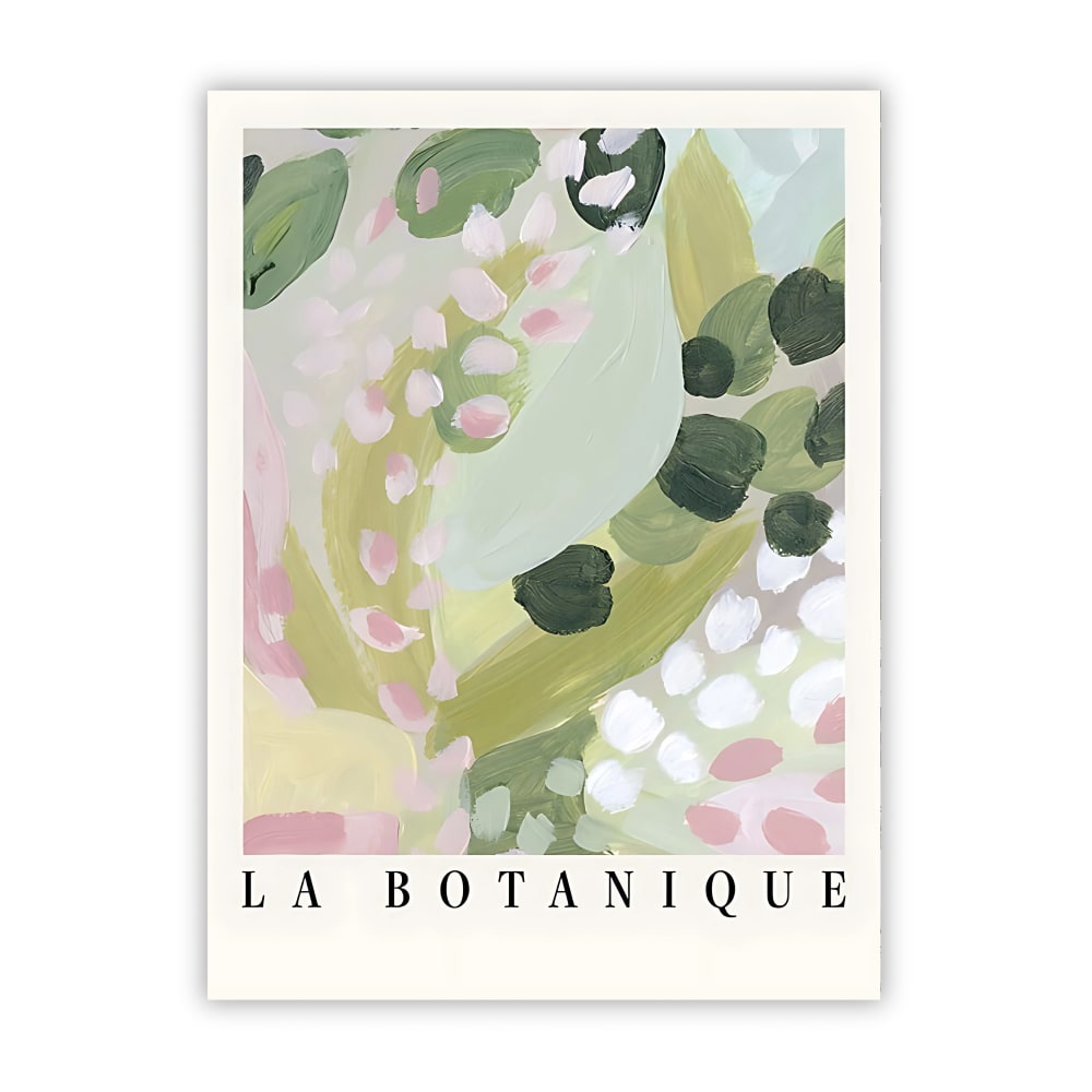 POSTER LAB Illustration mit einer Explosion von Farbe und Textur durch lockere Pinselstriche in Grün, Weiß und Pastellrosa, die an üppige Vegetation