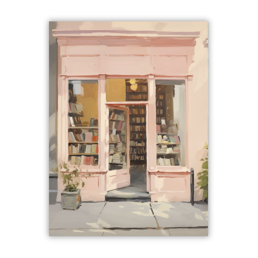 POSTER LAB Gemälde einer Ladenfassade in Pastellrosa mit offenen Türen, die ein gemütliches Interieur voller Regale und Bücher freigeben. Mehrfarbig