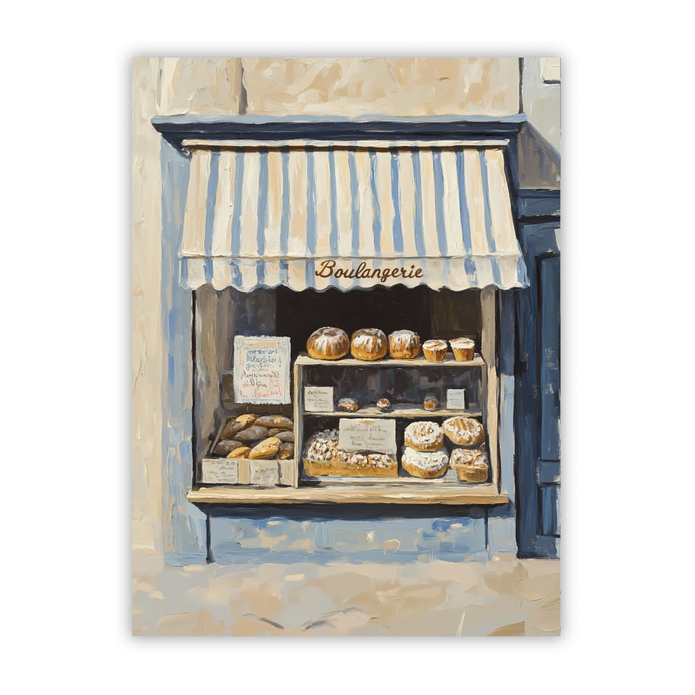 POSTER LAB Ein Gemälde, das den rustikalen Charme einer Bäckerei mit ihrer gestreiften Markise und der appetitlichen Auslage traditioneller Backwaren