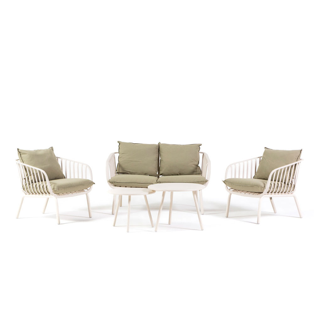 Salon de jardin 4 places en résine et métal beige avec coussins verts