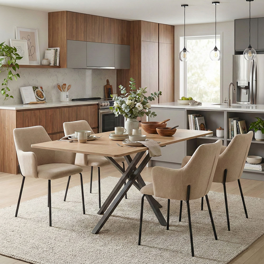 Lot de 2 chaises rembourrées en tissu beige avec pieds en métal