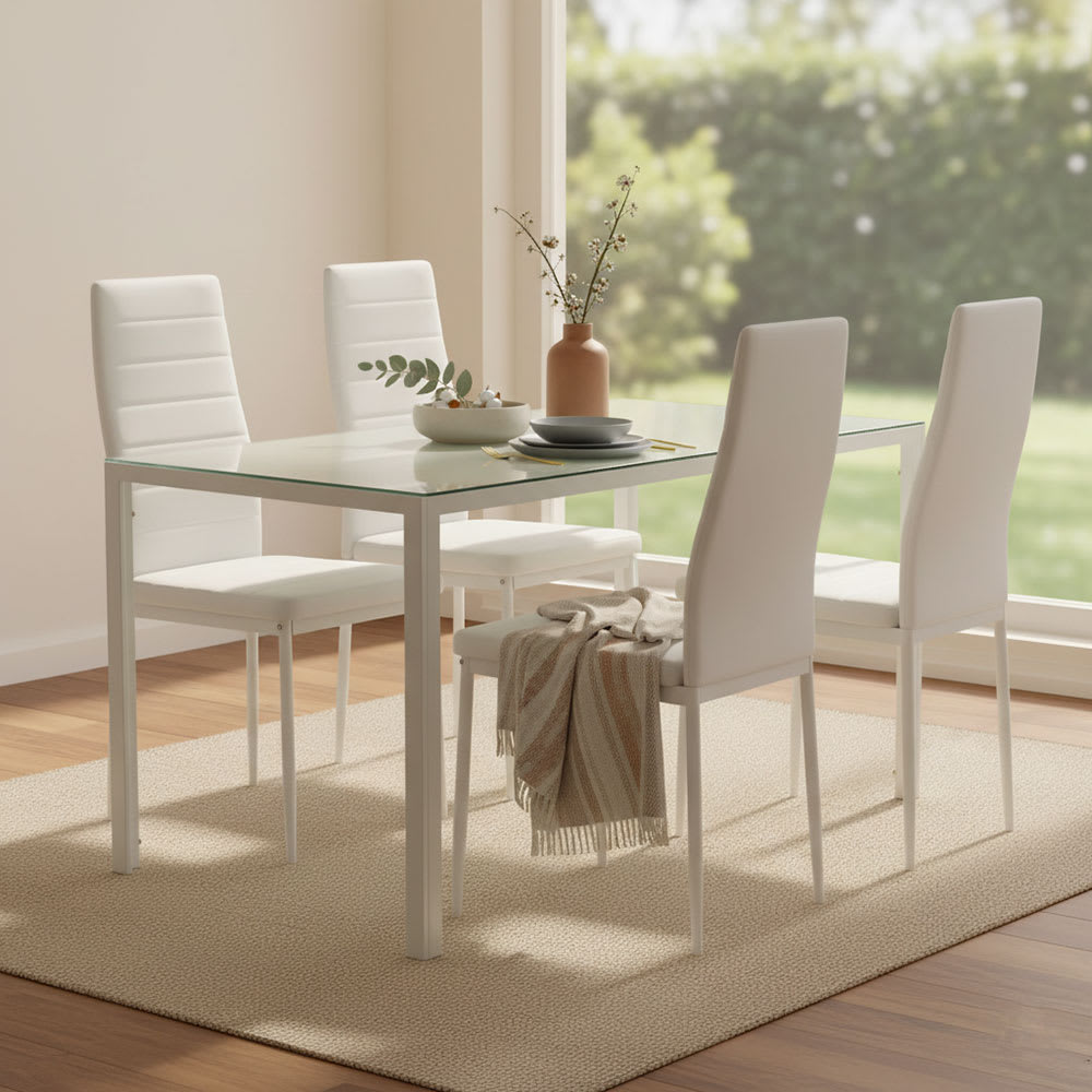 Essgruppe Tisch 120x70cm rechteckig mit 4 Stühlen Kunstleder weiß
