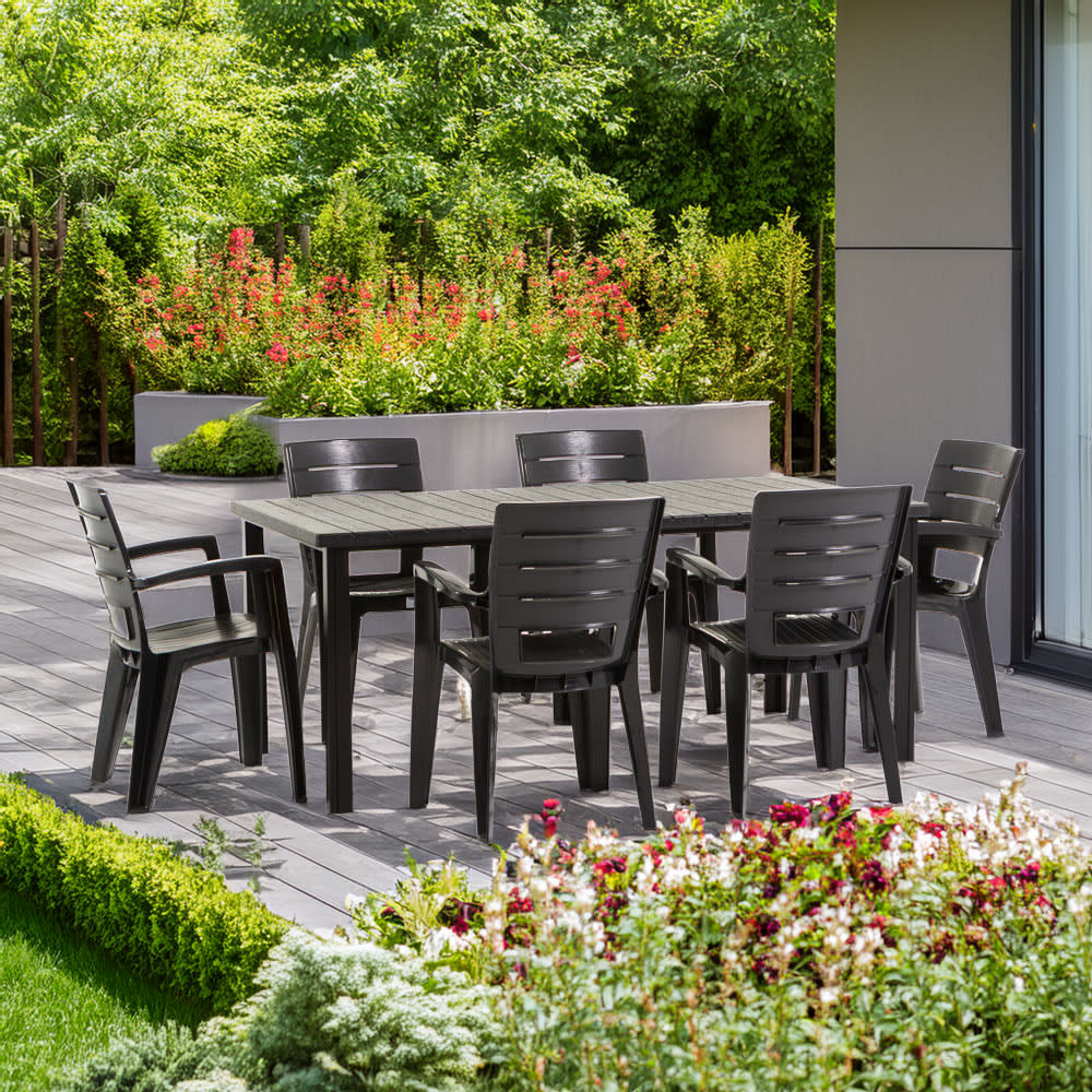 Set rechteckiger Tisch 180x90 cm und 6 Stühle aus Resin Schwarz -