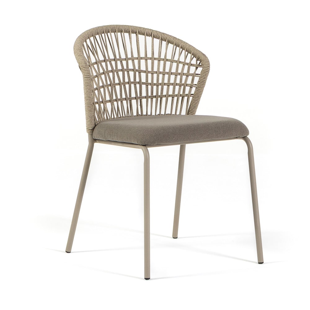 Lot de 2 chaises avec dossier en corde, coussin et pieds métal