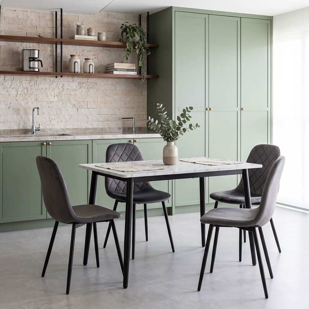 Essgruppe Tisch 120x70cm rechteckig mit 4 Samtstühlen grau -