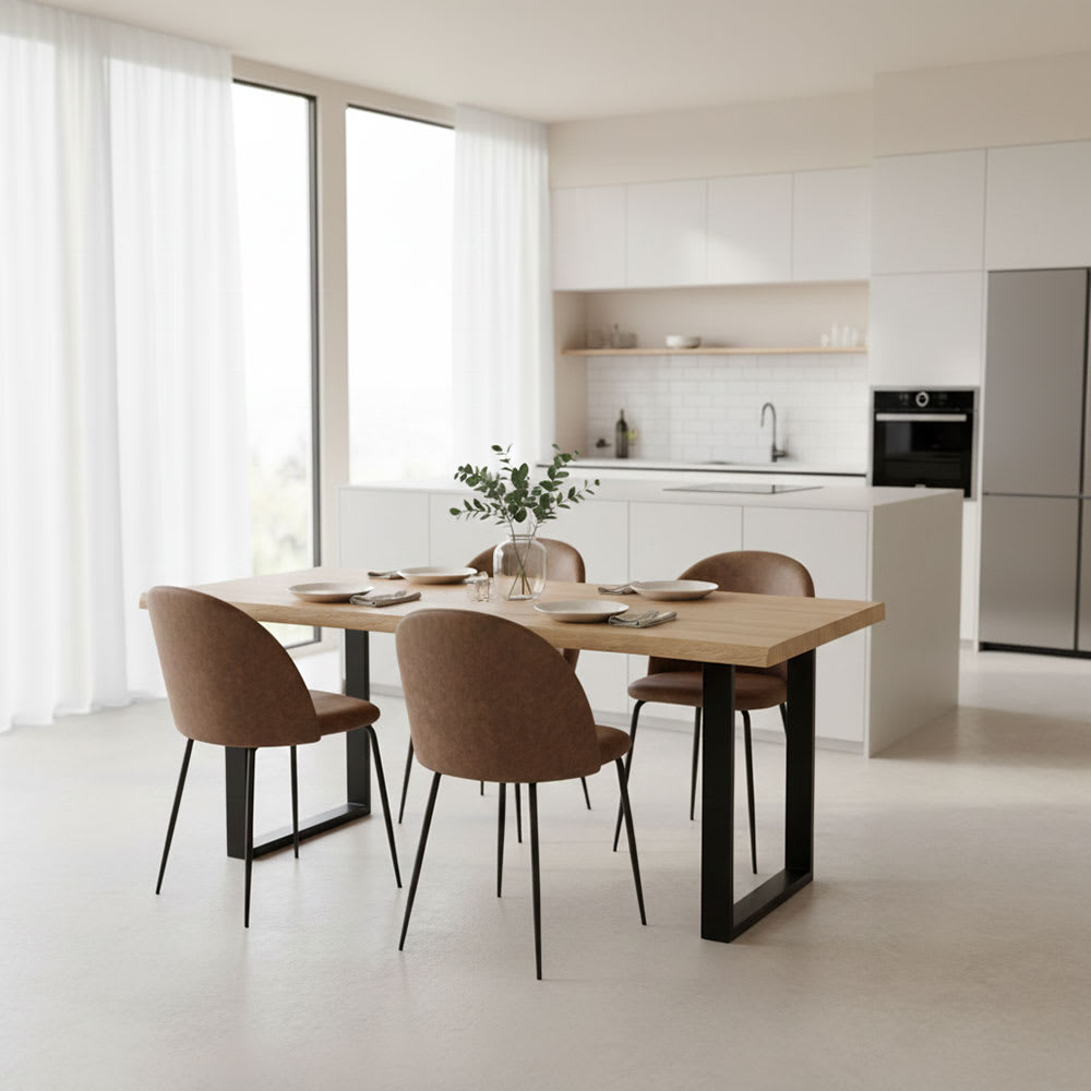 Table industrielle 160x90 cm avec plateau effet bois et pieds en métal