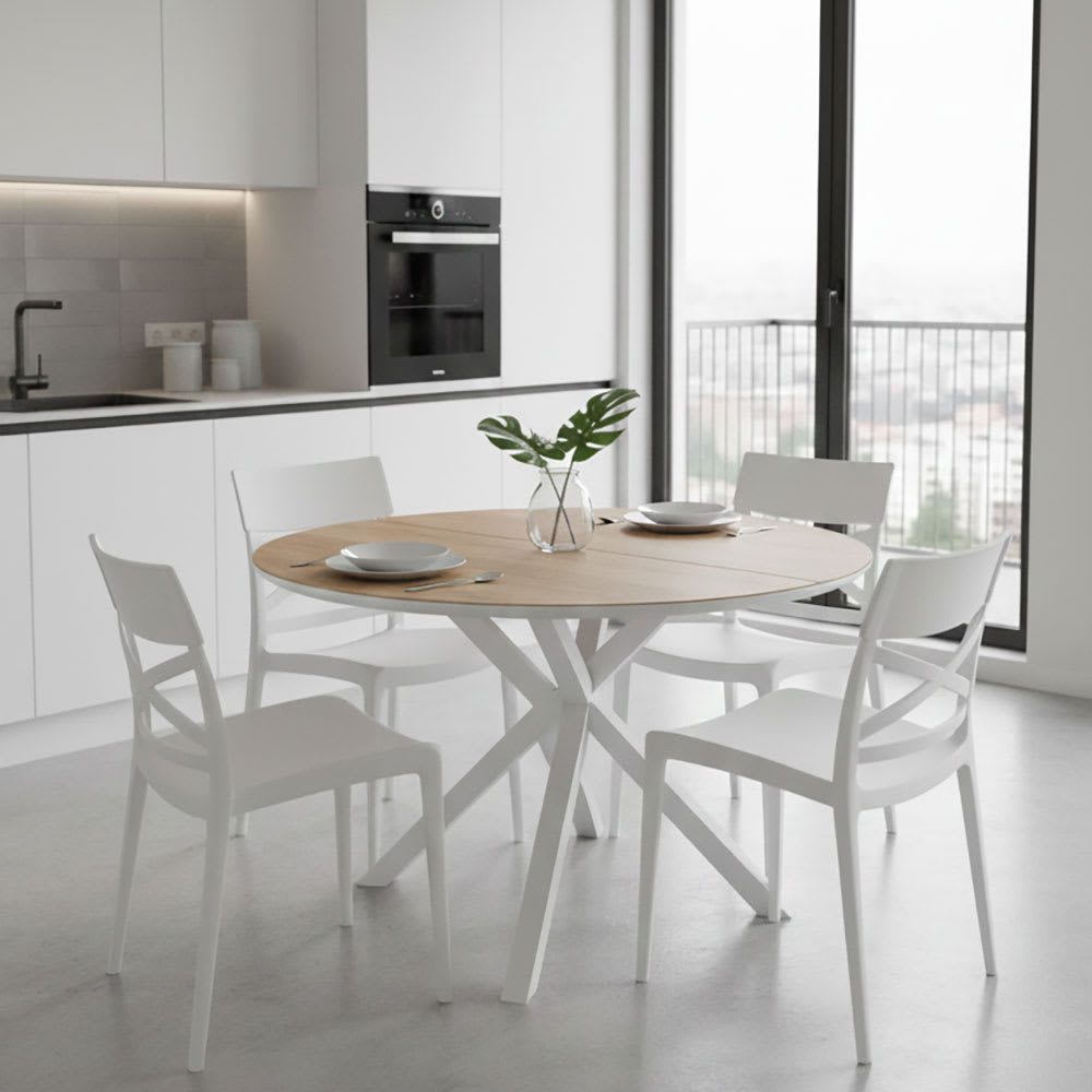 Table ronde extensible ⌀120 cm avec plateau en bois et pieds blanc