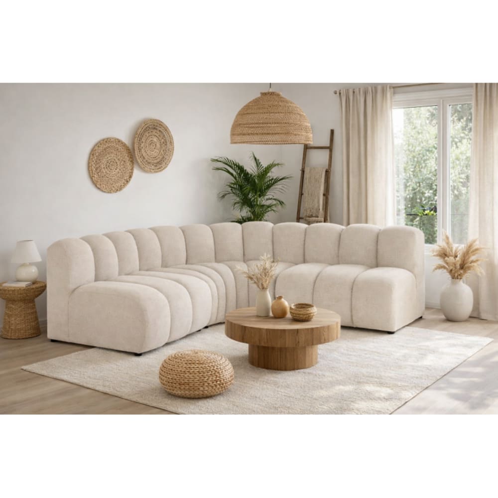 Canapé d’angle modulable arrondi  4 places - tissu texturé beige
