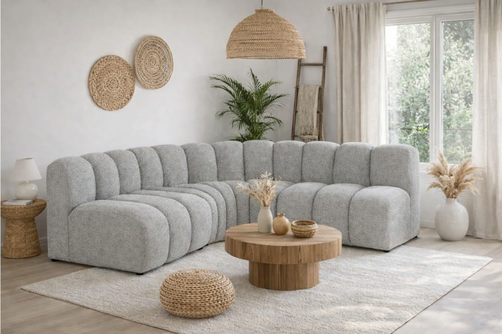 Canapé d’angle modulable arrondi gris 4 places - tissu texturé