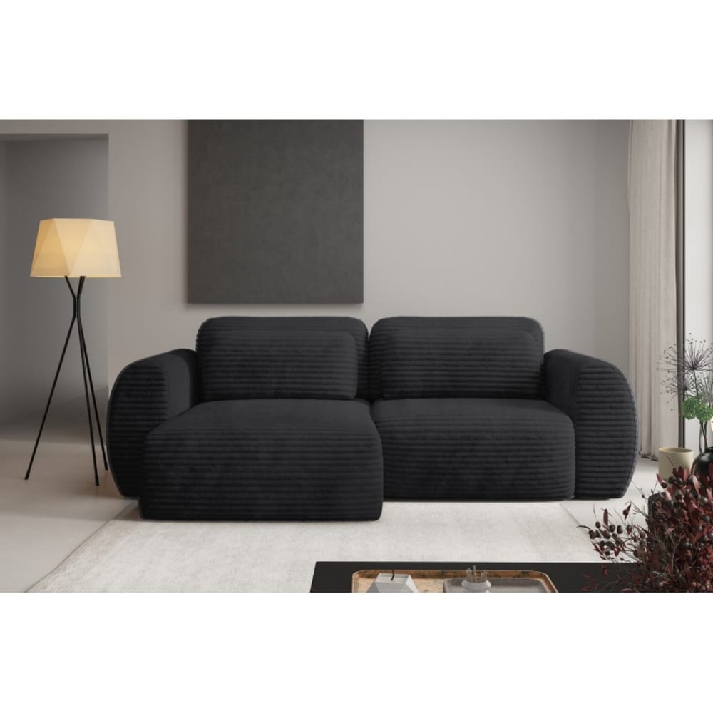 Canapé d'angle convertible 5P en velours côtelé grosse maille noir