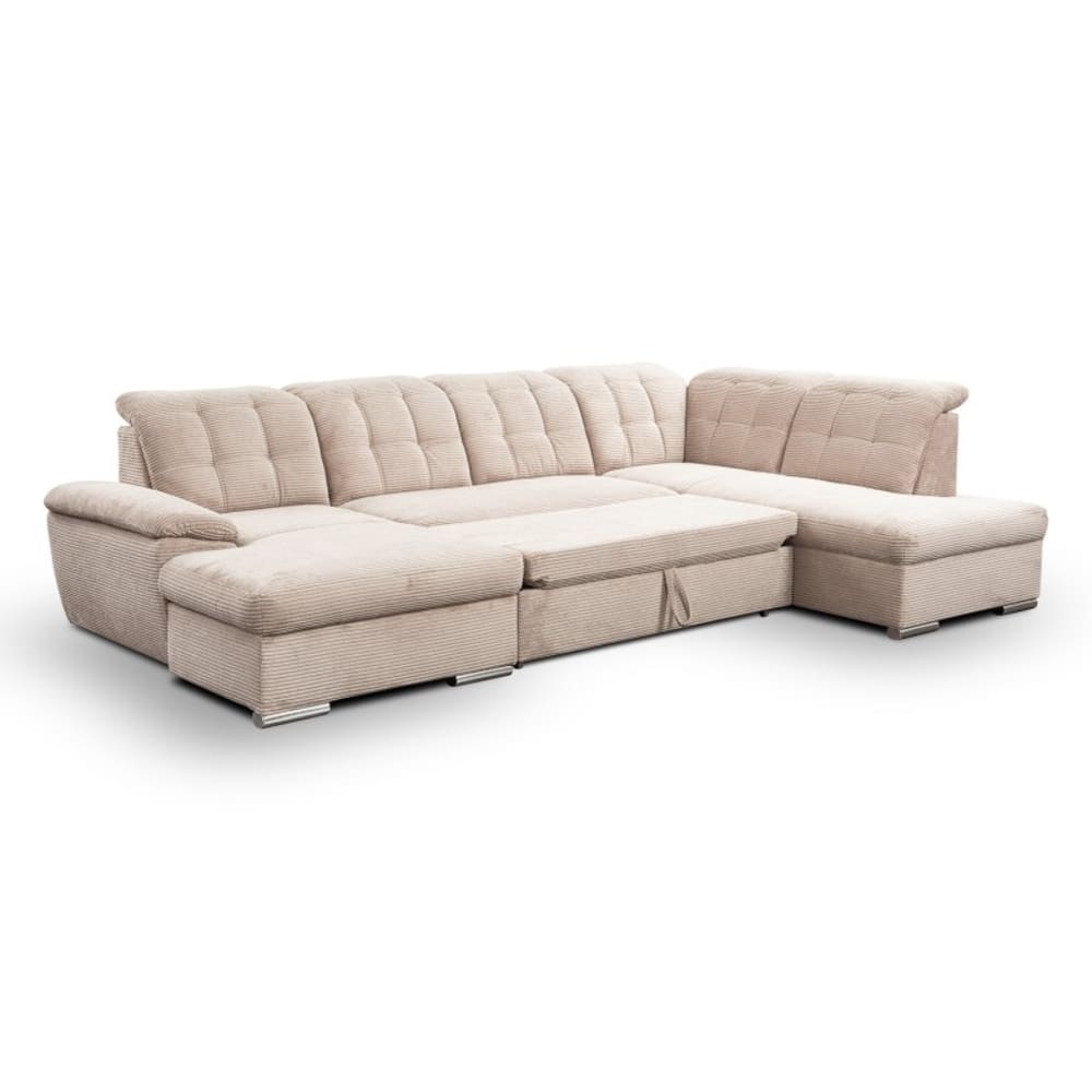 Canapé d’angle gauche panoramique lit 4 P- velours côtelé beige