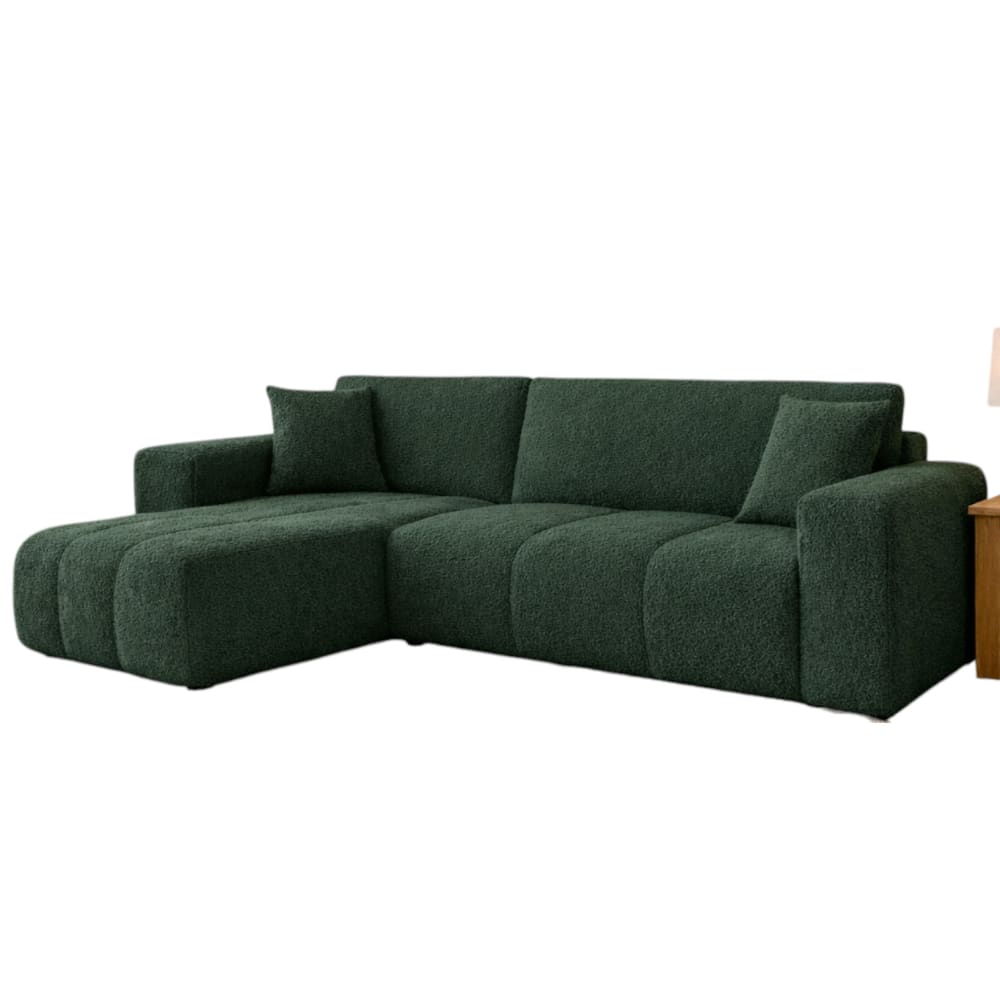 Canapé d'angle convertible 5 P en tissu bouclette vert