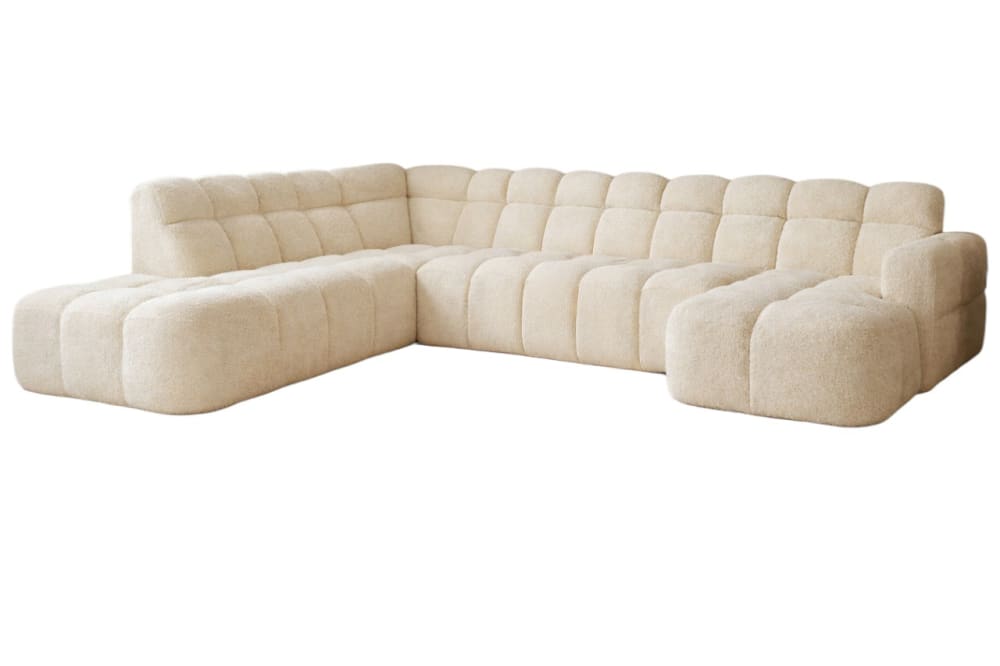 Canapé d’angle panoramique 6 à 7 places en tissu bouclette beige