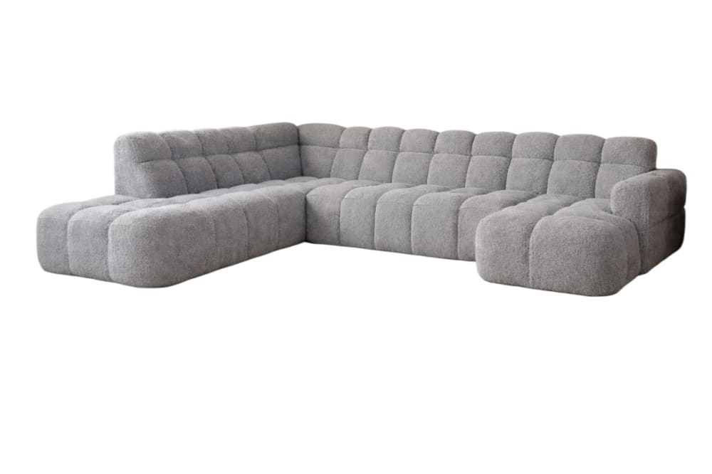 Canapé d’angle panoramique 6 à 7 places en tissu bouclette gris