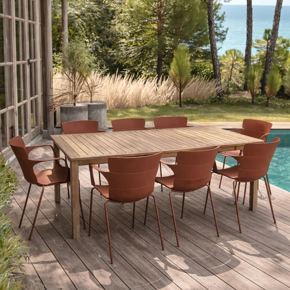 Ensemble table en bois d'acacia et 8 fauteuils de jardin brique