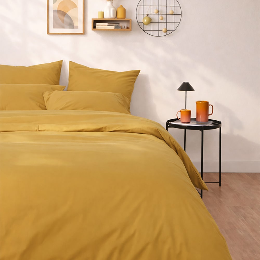 Drap housse en percale de coton bio jaune ocre 160x200 — vue 3