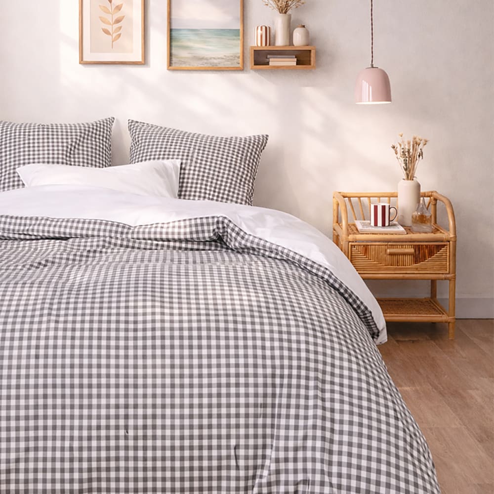 Parure de lit en percale de coton bio vichy anthracite 260x240
