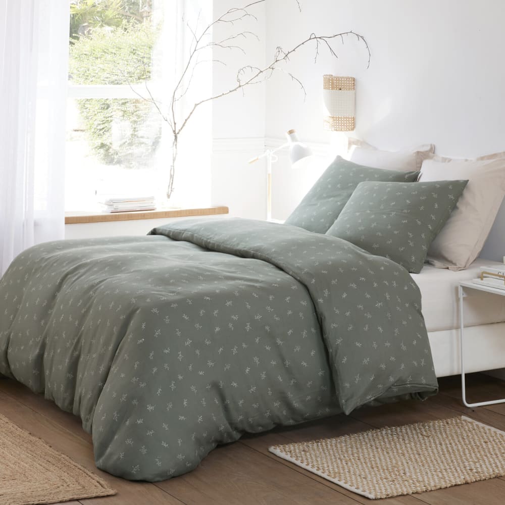 Parure housse de couette coton gris motif feuillage 240x220 cm — vue 3