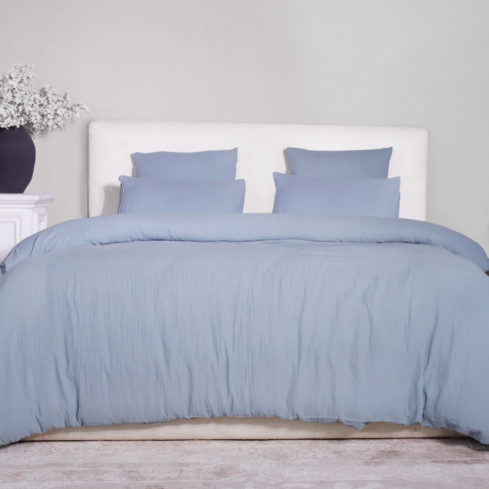 Parure housse de couette gaze de coton bleu givrée 260x240 cm