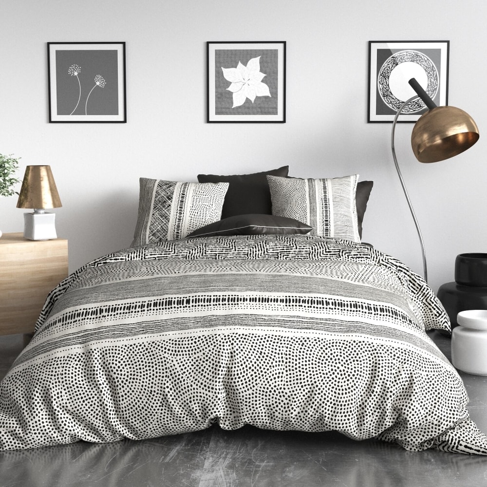 Parure housse de couette coton imprimée + 2 taies 260x240 cm